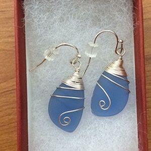 Blue sea glass earrigs wrapped in wire!!